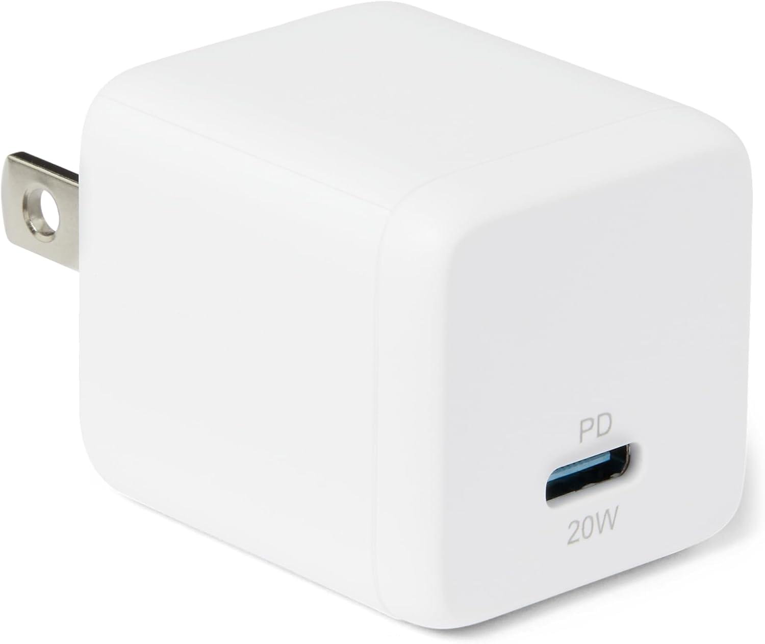 Amazon Basics Fast Charging USB C Nano GaN Wall Charger, 20W 1-Port PD 3.1 for Tablets Phones, White