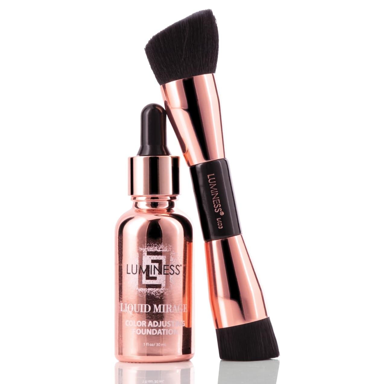 LUMINESS Liquid Mirage w/SPF 50 Color Adjusting Foundation Kit – Color Changing Foundation with SPF 50 Primer & Makeup Brush, Hydrating Face Makeup, 4 in 1 Liquid Foundation, Concealer & Moisturizer