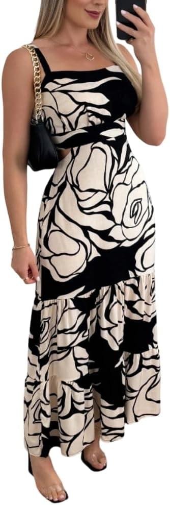 CHICME Summer Dresses for Women 2026 Sleeveless Casual Boho Maxi Dress Square Neck Cut Out Floral A Line Dress