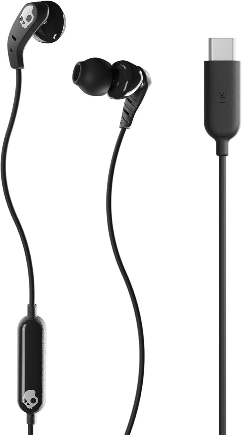 Skullcandy Set USB-C Wired Earbuds with Noise Isolating Fit, in-Line Microphone Call and Track Control for iPhone Android, Ear Gel Sizes Included for Custom Fit – True Black