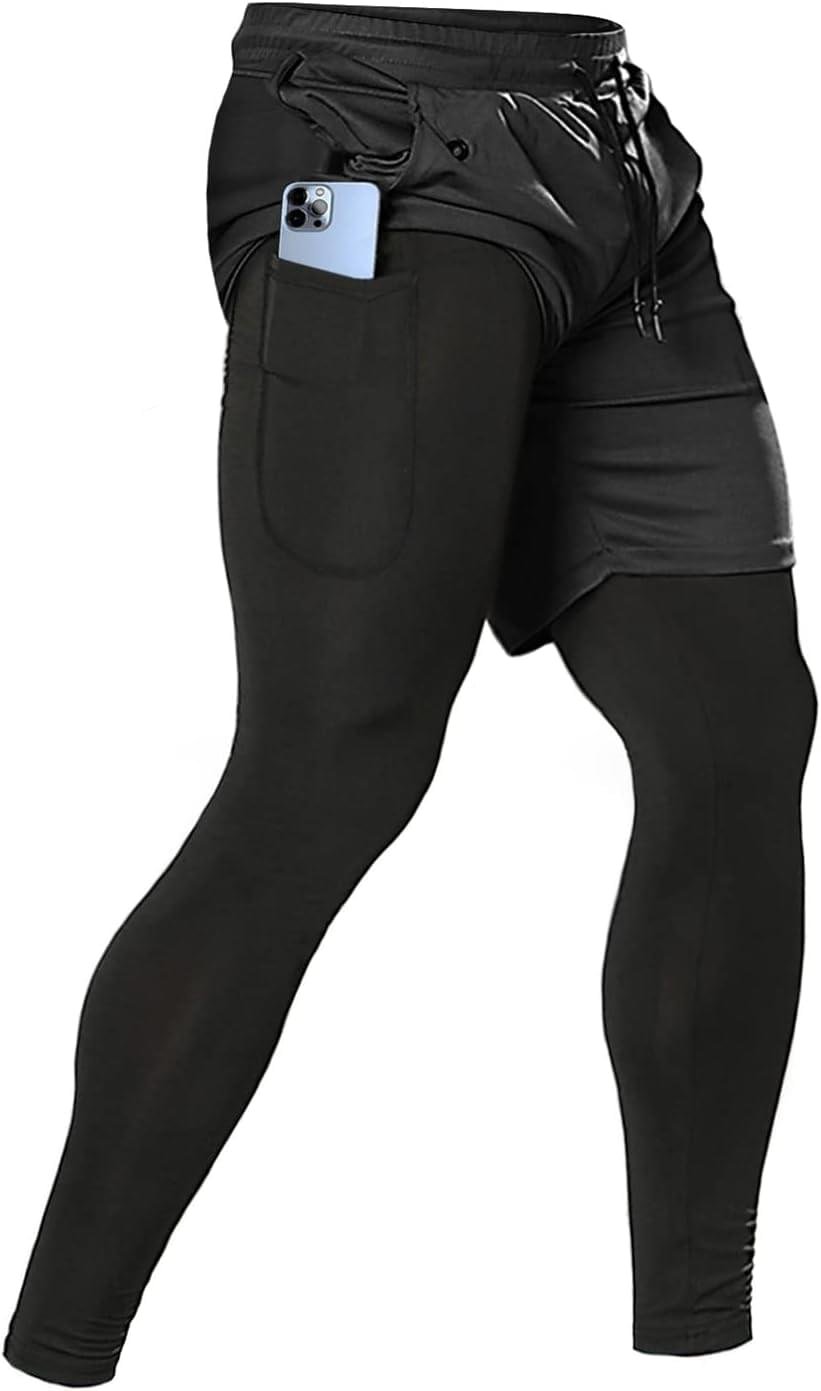 Aolesy Men’s 2 in 1 Running Pants, Gym Workout Compression Pants for Men Training Athletic