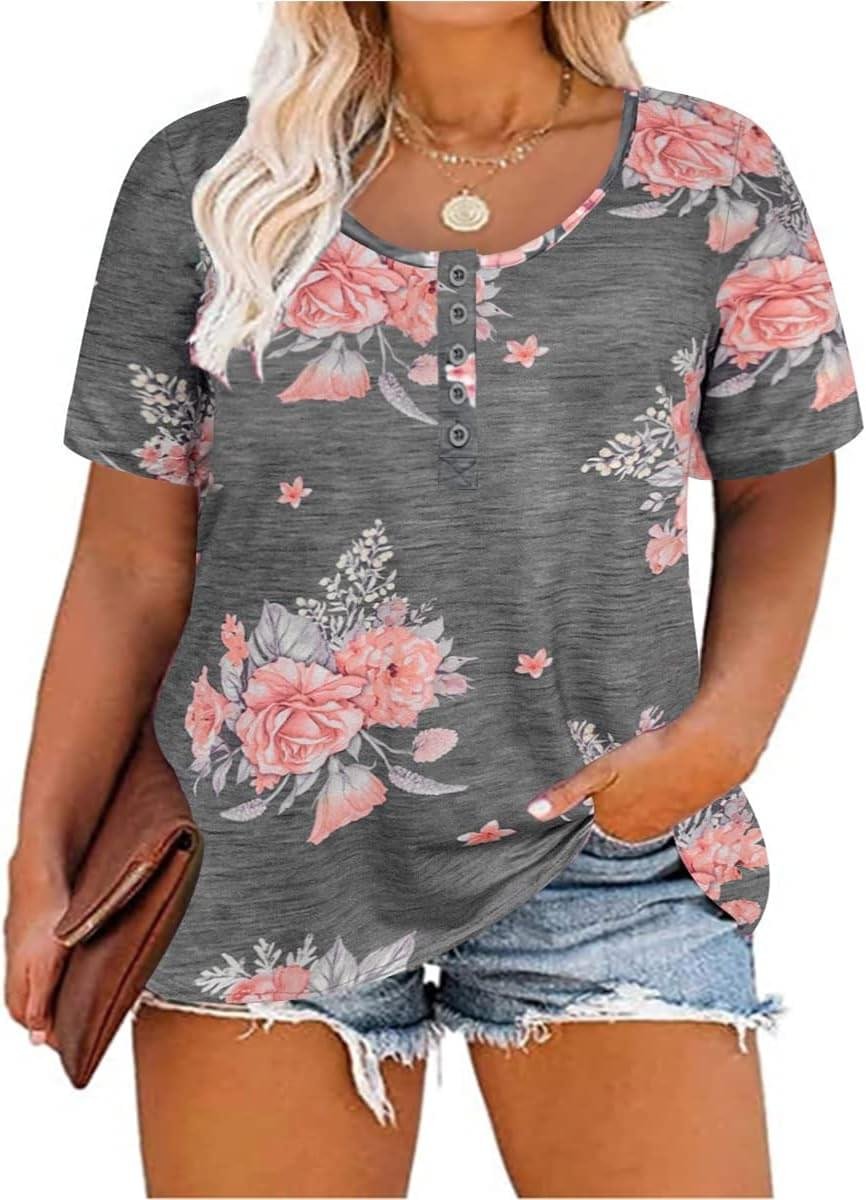 CARCOS Plus Size Tops for Women Button Up Henley Shirts Short Sleeve Summer T-Shirts V/Crewneck Casual Trendy Tunics XL-5XL