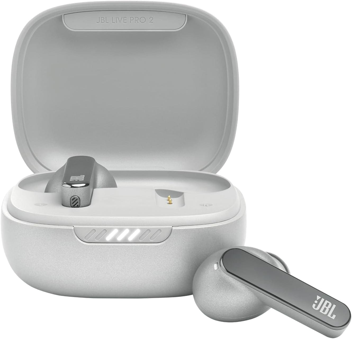 JBL Live Pro 2 – True Wireless Noise Cancelling Earbuds, up to 40 Hours of Playback with Wireless Charging, 6 mics for Perfect Calls, Touch & Voice Control, IPX5 Water Resistant (Silver)