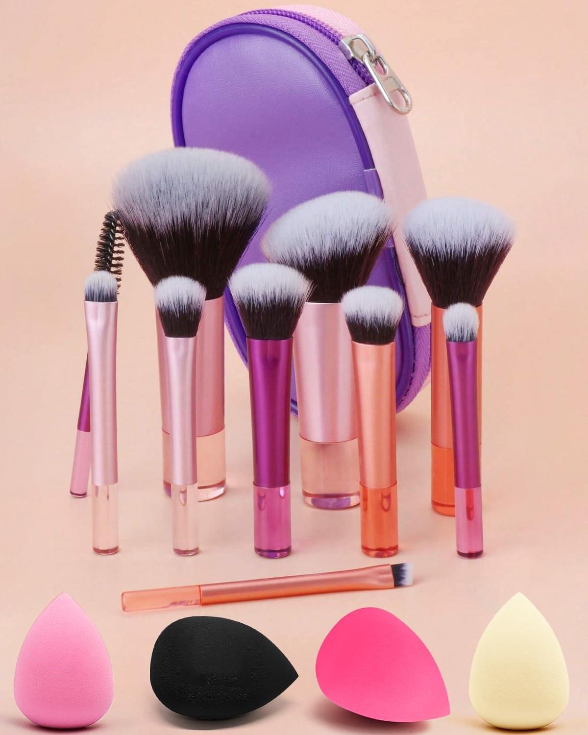Mini Travel Makeup Brushes Set, 14 Pieces, Portable Full Complete Function Cosmetic Kit with Brush Pouch, On the Go Short Makeup Brush Small Travel Essentials for Kids, Women, Girls (Colorful)