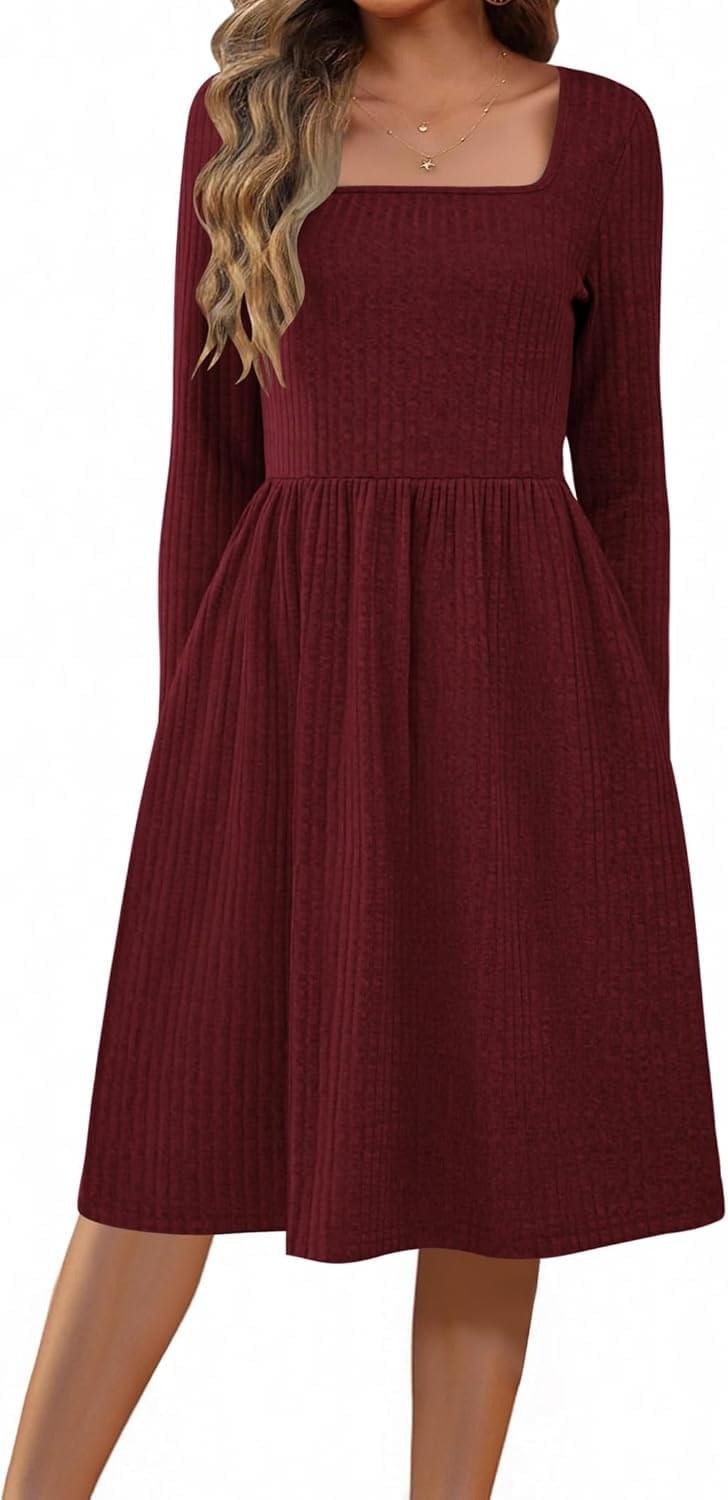 Zeagoo Womens Casual Sweater Dress Square Neck Knit Long Sleeve Dress with Pockets A-Line Knee Length Fall Winter Dress