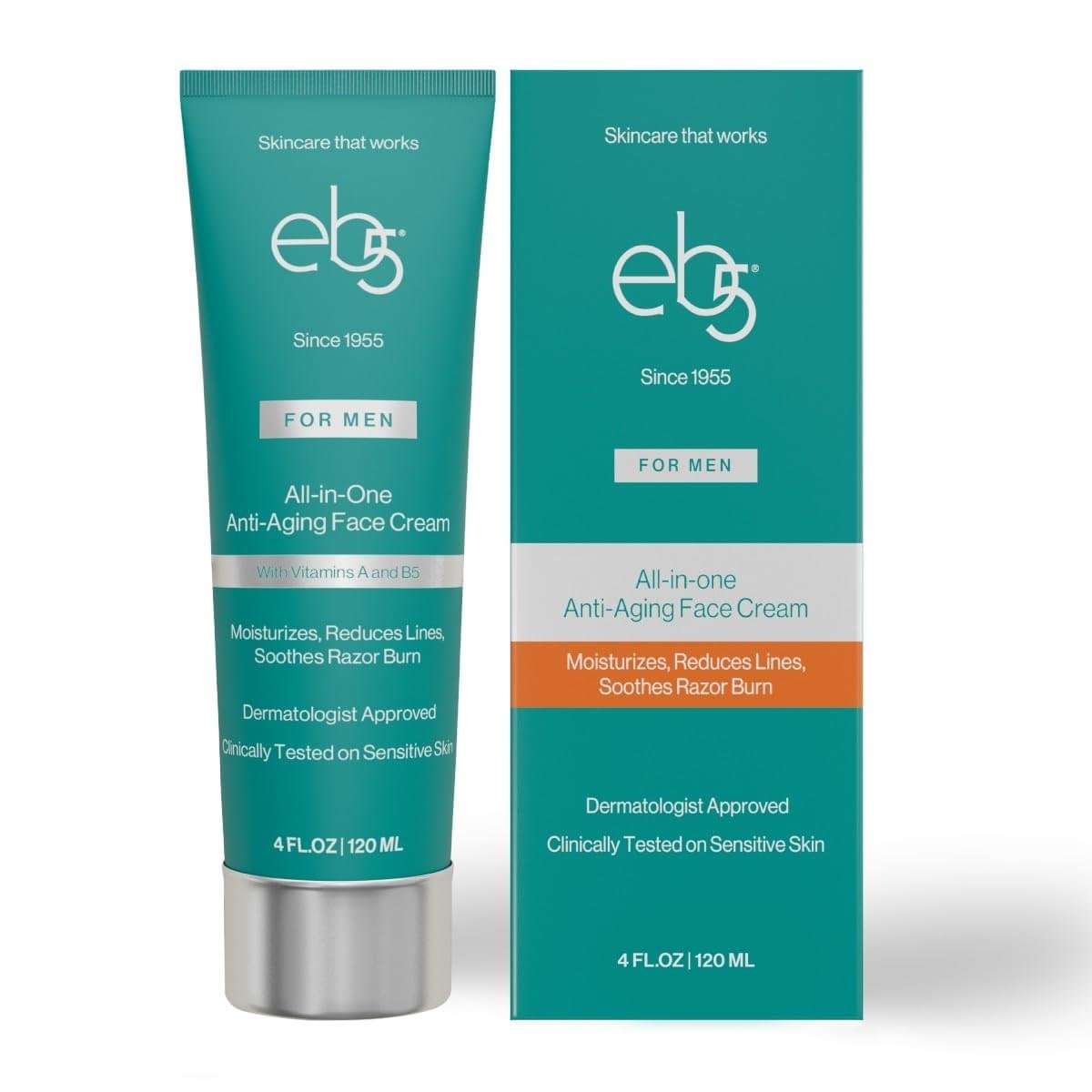 eb5 Men’s All-in-one Anti-Aging Face Cream | Formulated with Retinol, Vitamins E, B5, and A to Moisturize, Reduce Lines and Soothe Razor Burn – 4 Fl Oz