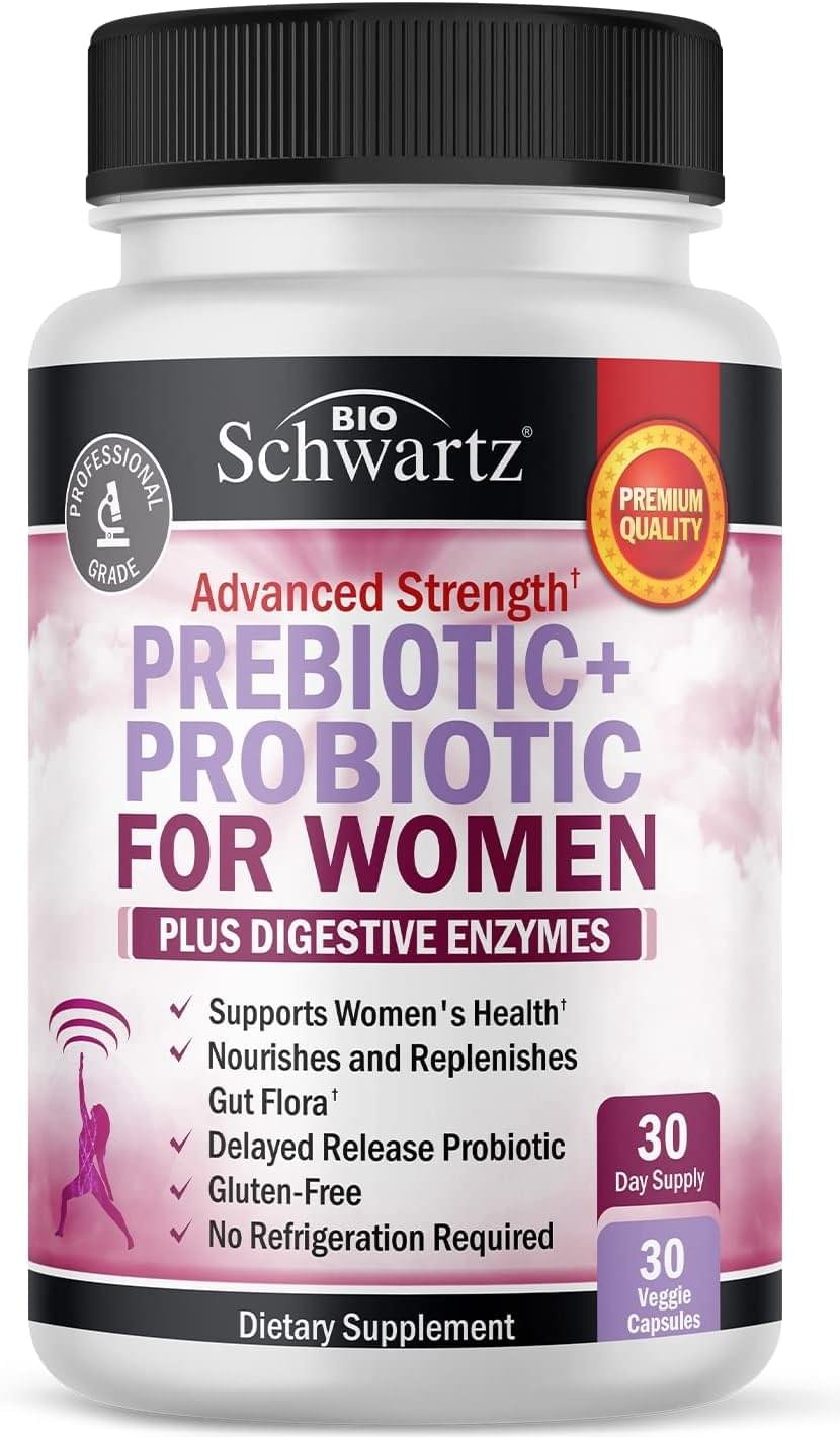 Prebiotics and Probiotics for Women – for Gut, Vaginal and Immune Health Support with Black Cohosh and Red Clover – Whole Food Digestive Enzymes Capsules, Lactobacillus Probiotic Supplement, 30 Count