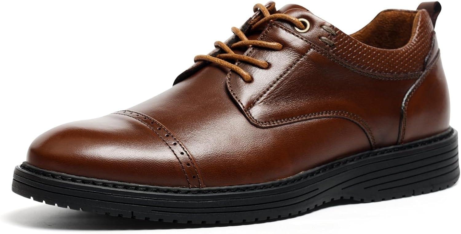 Hantatop Mens Dress Shoes Genuine Leather Lace Up Cap Toe Casual Oxford Shoes Comfortable Business Formal Derby Dress Sneakers for Office Wedding Church