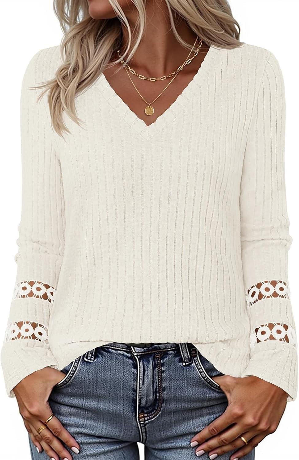 MEROKEETY Womens Long Sleeve Tops 2025 Trendy Fall Winter V Neck Ribbed Sweaters Casual Shirts Blouses