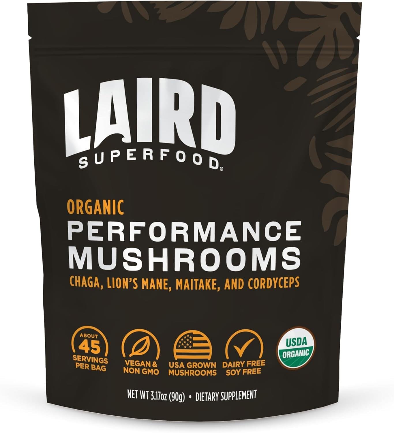 Laird Superfood Organic Performance Mushroom Blend with Chaga, Cordyceps, Lion’s Mane and Maitake for Energy and Cognition, 3.17 oz. Bag, Pack of 1