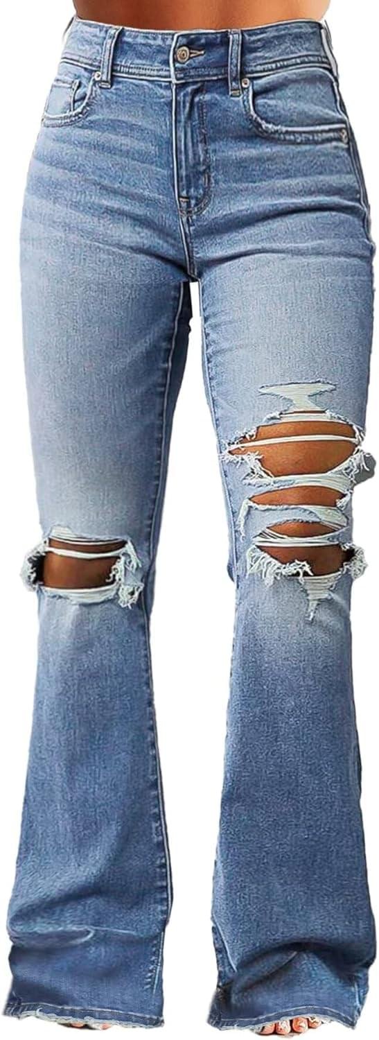 Flamingals Women’s Bell Bottom Jeans Flared Ripped Stretchy Mid Rise Cut Out Distressed Denim Bootcut Jeans
