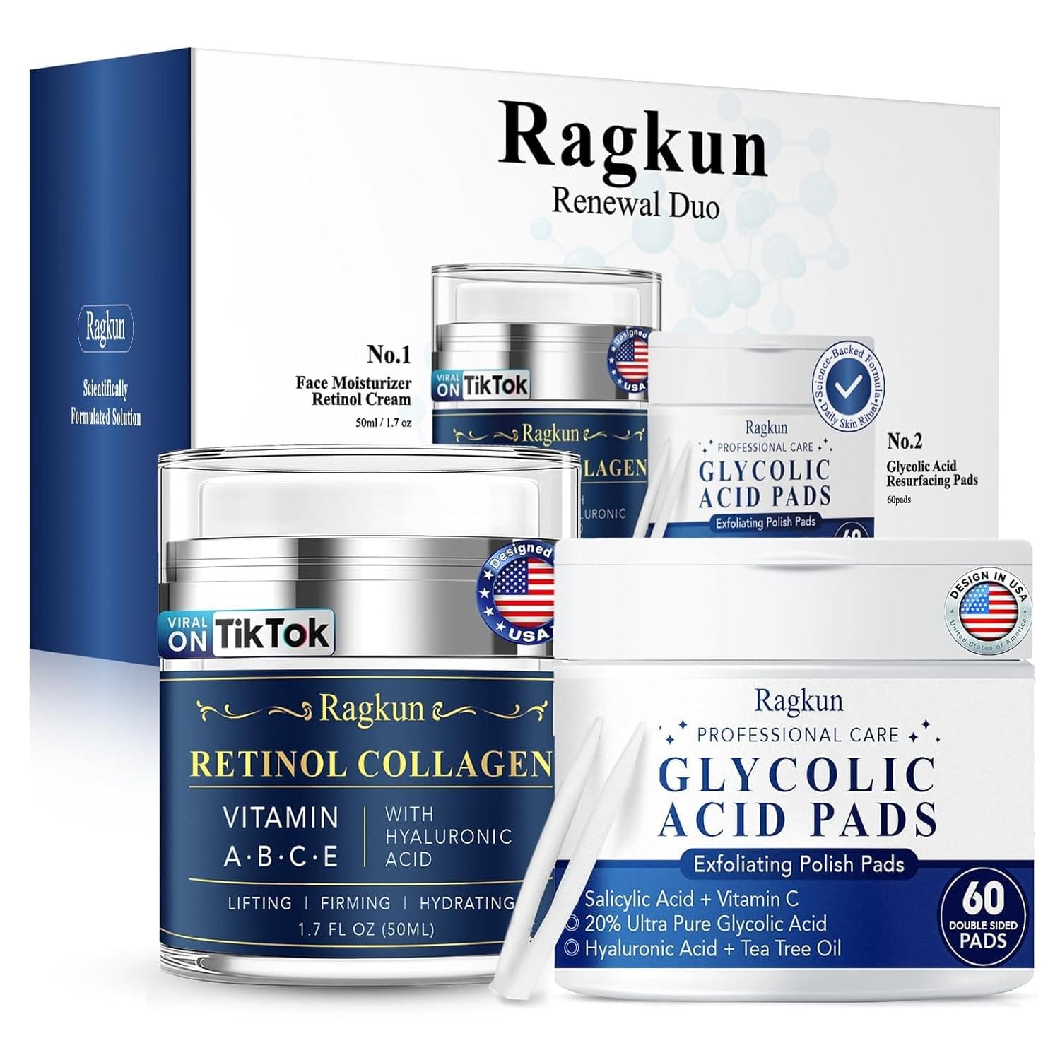 Retinol Cream for Face, Collagen Neck Creams for Tightening and Firming, Anti Aging Day & Night Facial Moisturizer for Women & Men, Instant Face Lift Wrinkle Cream 1.7 fl. oz with Glycolic Acid Pads