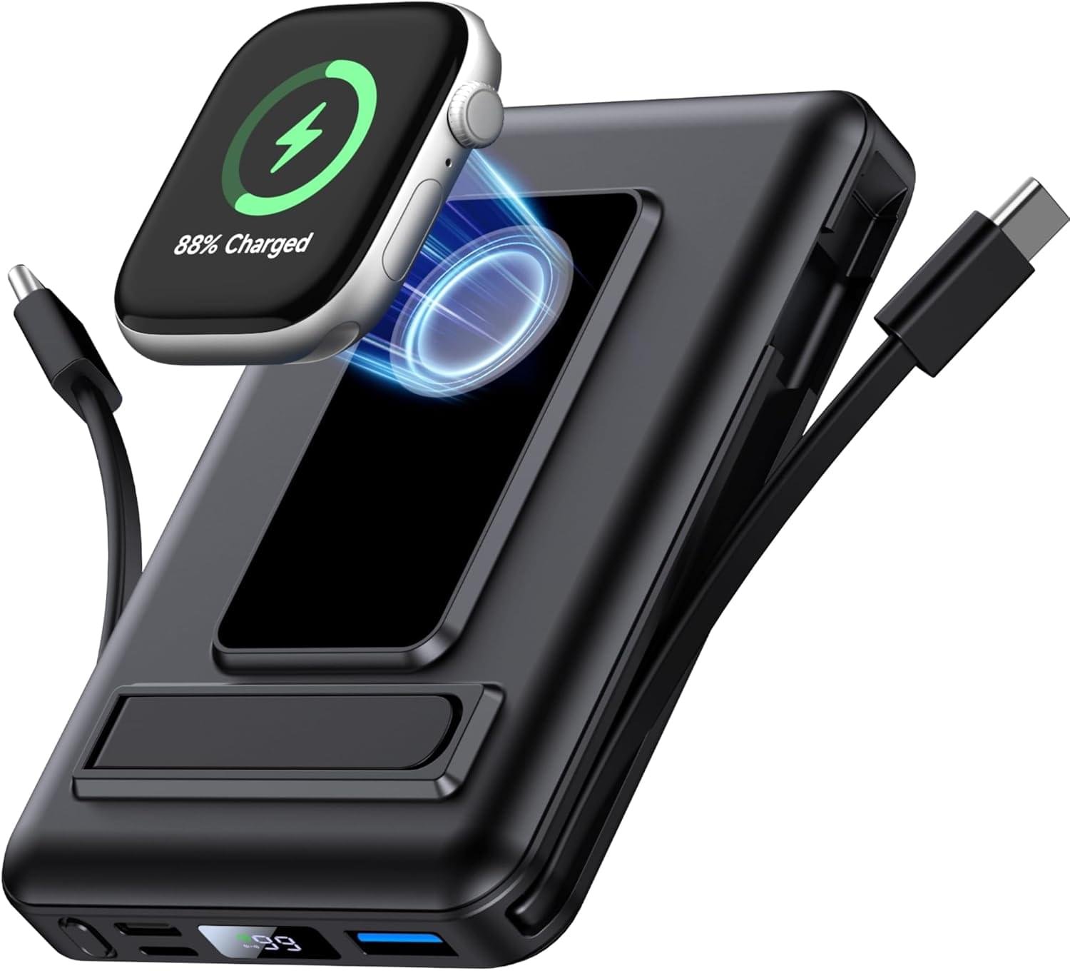 Vexnara Magnetic Portable Charger, 10000mAh Wireless Power Bank for iPhone with Built-in Cables, 20W Fast Charging for Magsafe Battery Pack with Stand for iPhone Air/17/16/15/14/13/12 and Apple Watch