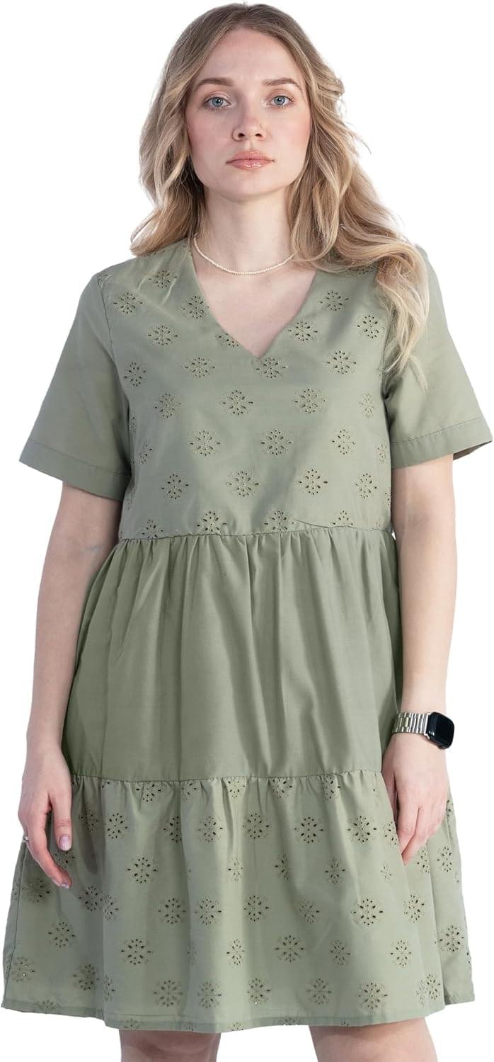 Women Summer Dress, Short Sleeve Eyelet V Neck Tunic Dress, Lightweight Casual Beach Sundress