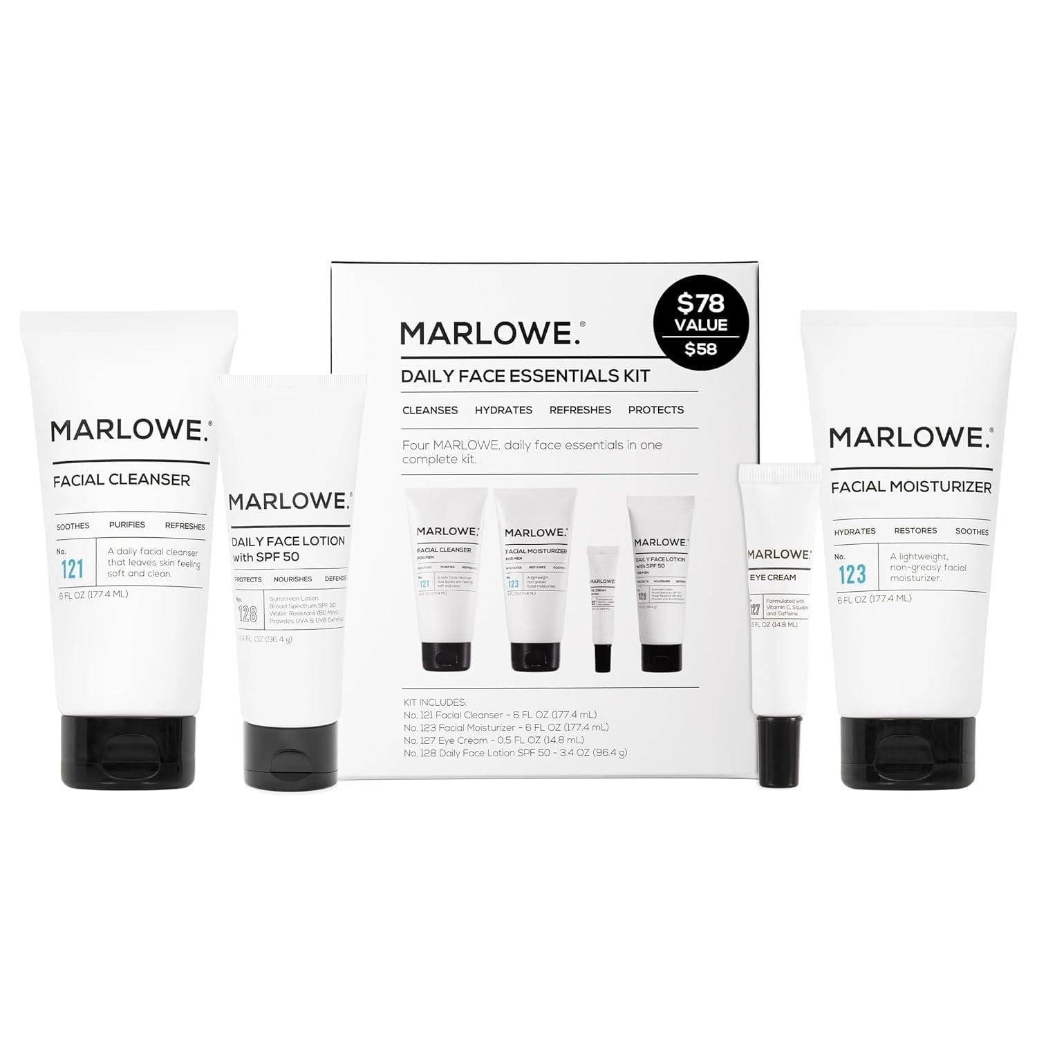 MARLOWE. Mens Skin Care Set, No. 204 Daily Essential Face Kit, No. 121 Facial Cleanser, No. 123 Facial Moisturizer, No. 127 Eye Cream, No. 128 Daily Face Lotion with SPF 50, Great Gift for Men