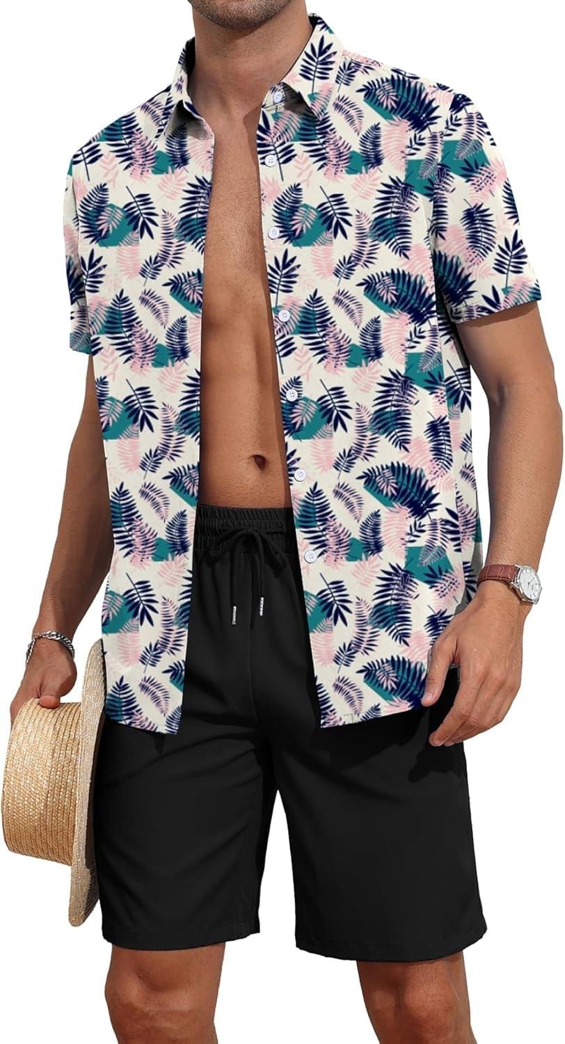 YTD Men’s 2 Piece Outfits Tropical Print Short Sleeve Button Down Hawaiian Shirt and Beach Shorts Set