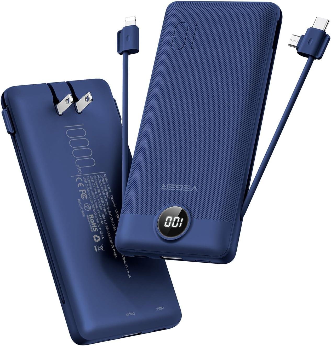 VEGER Portable Charger with Built-in AC Plug and Cables, All in One 10000mAh Ultra-Slim Power Bank, 15W Fast Charging for iPhone, Samsung, Android, Travel Essential (Navy)