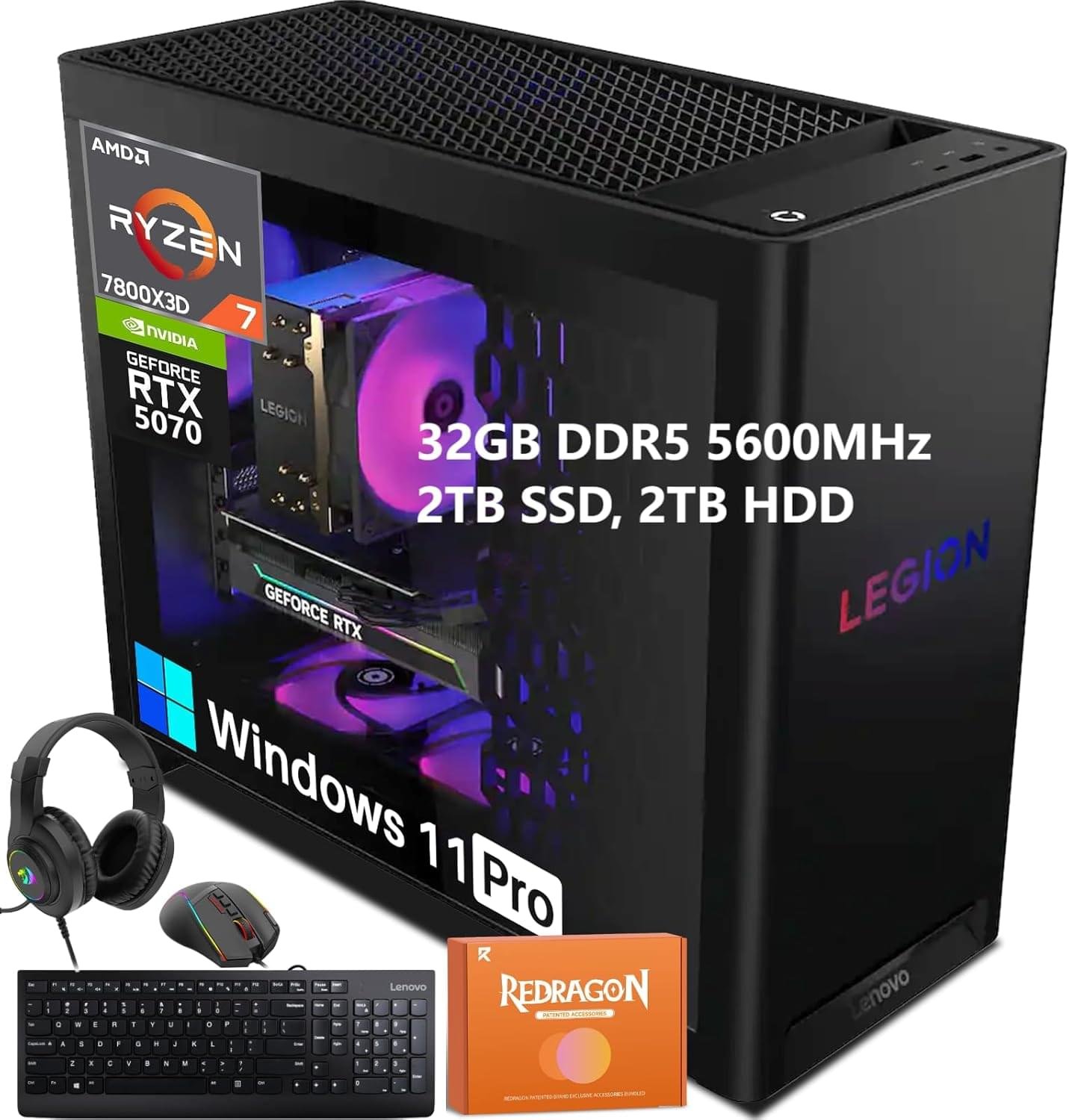 Lenovo Legion Tower 5 Gaming Desktop (2025), AMD Ryzen 7 7800X3D, 12GB GDDR7 NVIDIA GeForce RTX 5070, 32GB DDR5 5600MHz, 2TB SSD, 2TB HDD, Wi-Fi 6E, Windows 11 Pro, W/REDRAGON Headphones and Mouse
