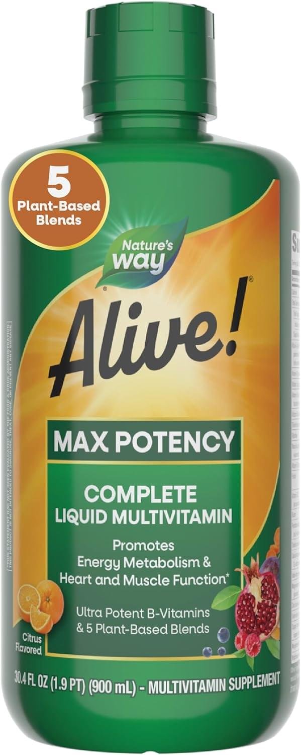 Nature’s Way Alive! Max Potency Complete Liquid Multivitamin for Women and Men with Antioxidant Beta Carotene, Vitamins C & E and Food-Based Blends, Citrus Flavored, 30.4 Fl Oz