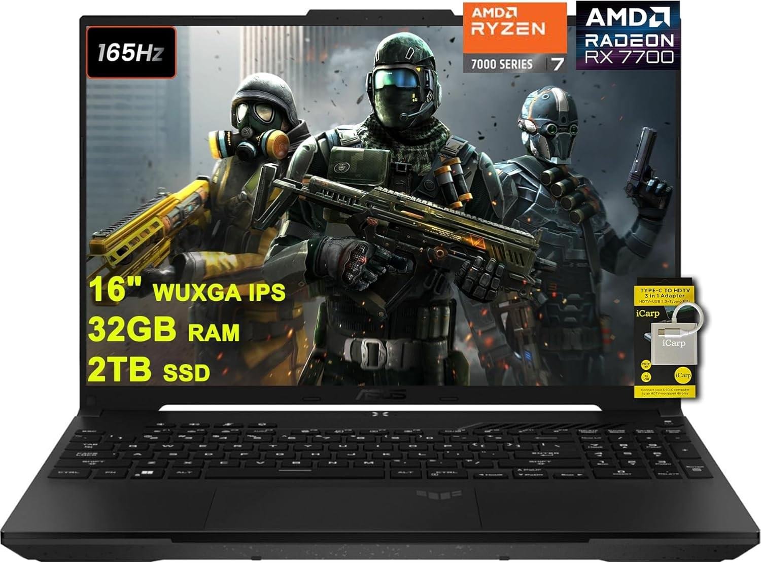ASUS TUF Gaming A16 Laptop 16″ WUXGA 165Hz 100% sRGB AMD 8-core Ryzen 7 7735HS 32GB RAM 2TB SSD Radeon RX 7700S 8GB (>RTX4060) Backlit USB4 Fast Charge AI Noise Cancelation Win11 w/ICP Accessory