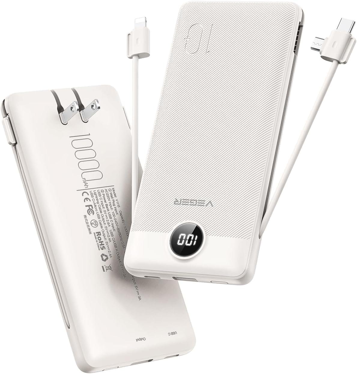 VEGER Portable Charger with Built-in AC Plug and Cables, All in One 10000mAh Ultra-Slim Power Bank, 15W Fast Charging for iPhone, Samsung, Android, Travel Essential (Coffee)