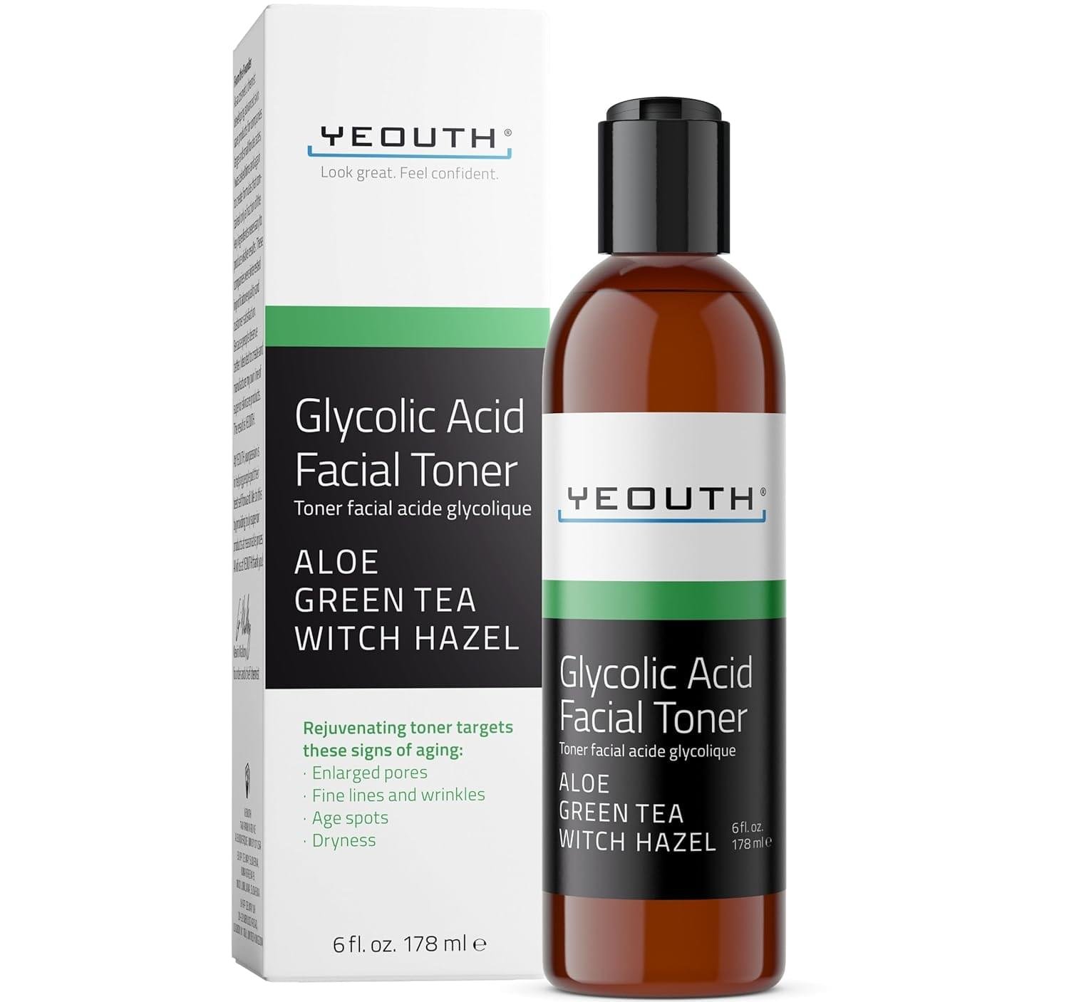 YEOUTH Glycolic Acid Toner for Face 8% with Witch Hazel, Hydrating Face Toner for Women and Men, Gentle AHA Exfoliant for Smoother-Looking Skin 6oz