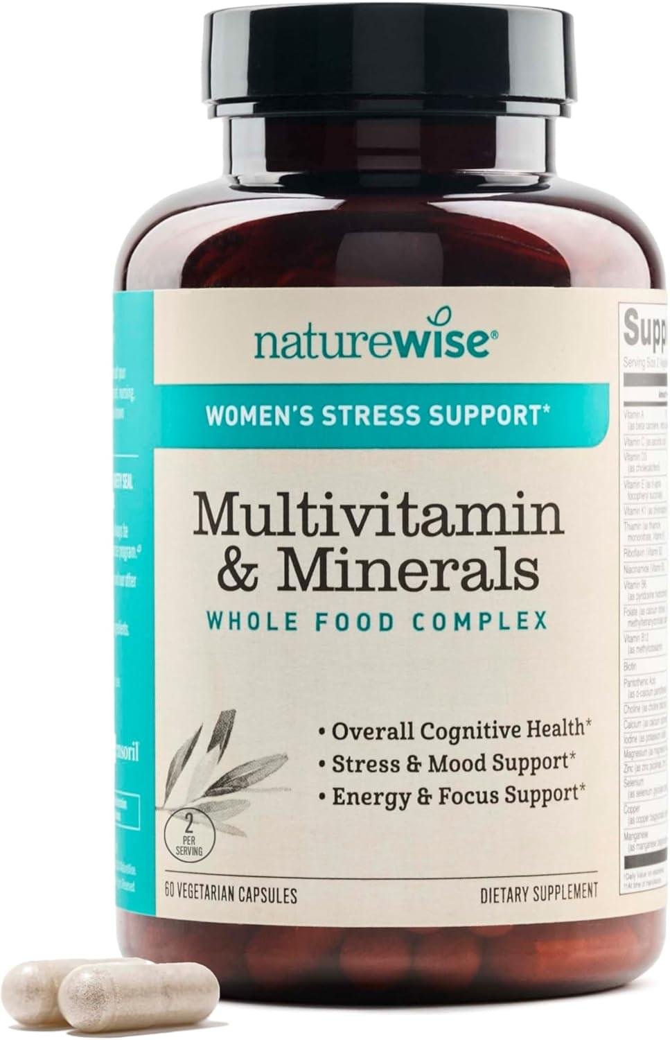 NatureWise Multivitamin for Women + Stress Support with Organic Whole Foods & Natural Minerals – B-Complex + Vitamin C + D3 K2 for Immunity, Hair, Skin & Nails – Non-GMO – 60 Capsules[30-Day Supply]