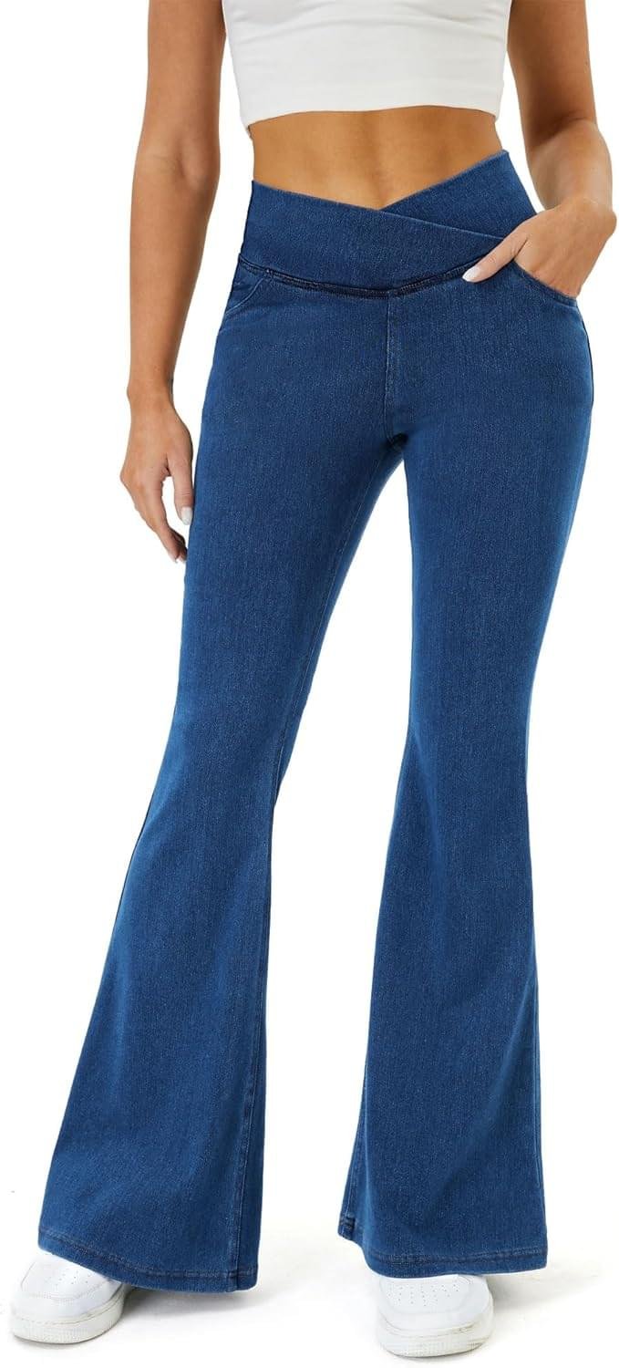COPYLEAF Bell Bottom Jeans for Women Trendy Crossover Stretchy Jeans Flare Leggings with Pockets Y2k Butt Lifting Jeggings