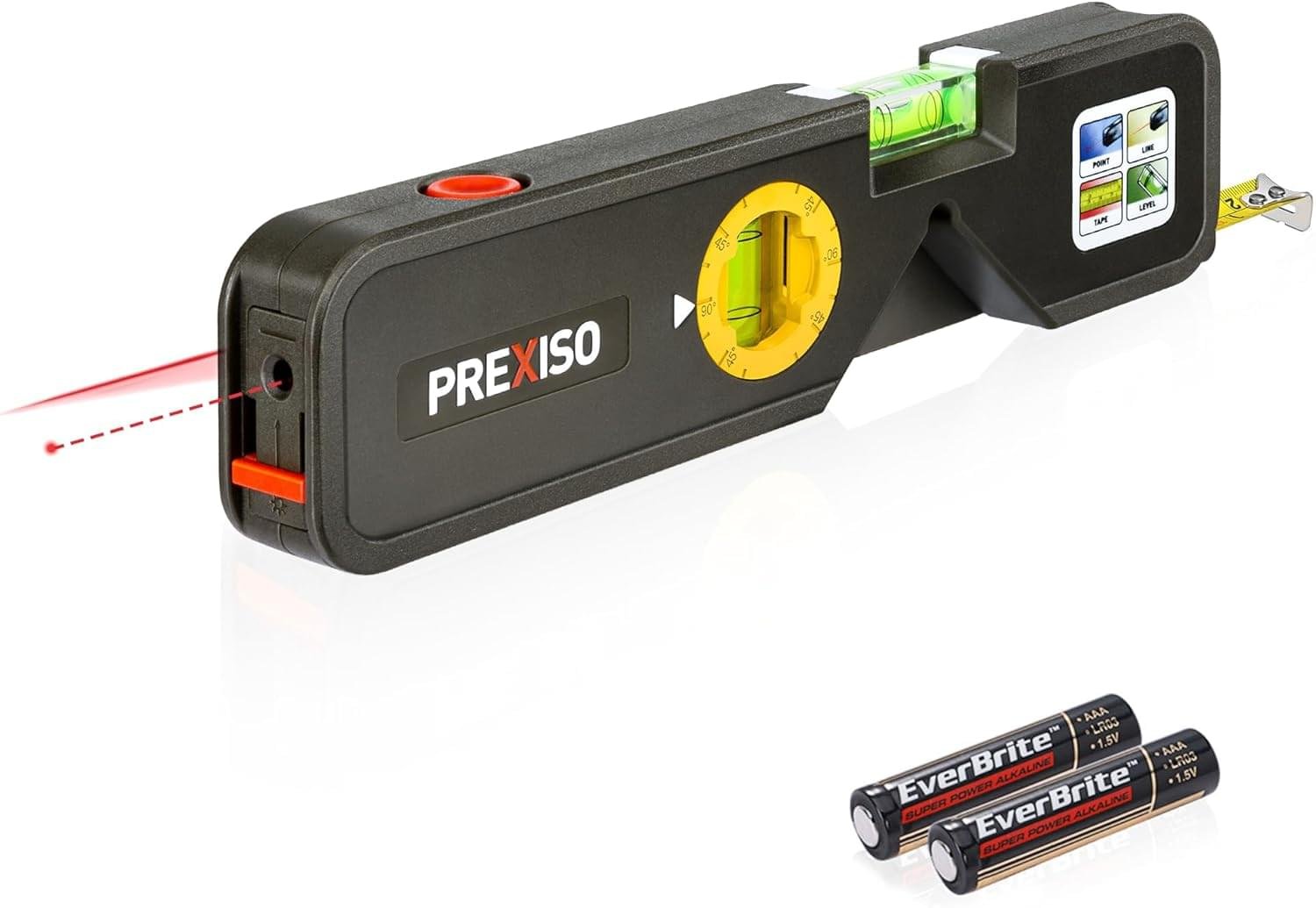 PREXISO 4-in-1 Line Laser Level Multipurpose Torpedo Level, 65Ft Alignment Point & 16Ft Laser Line & 10Ft Measure Tape Ruler & Quick Angle Setting for Hanging Picture Wall Marking Home Renovation