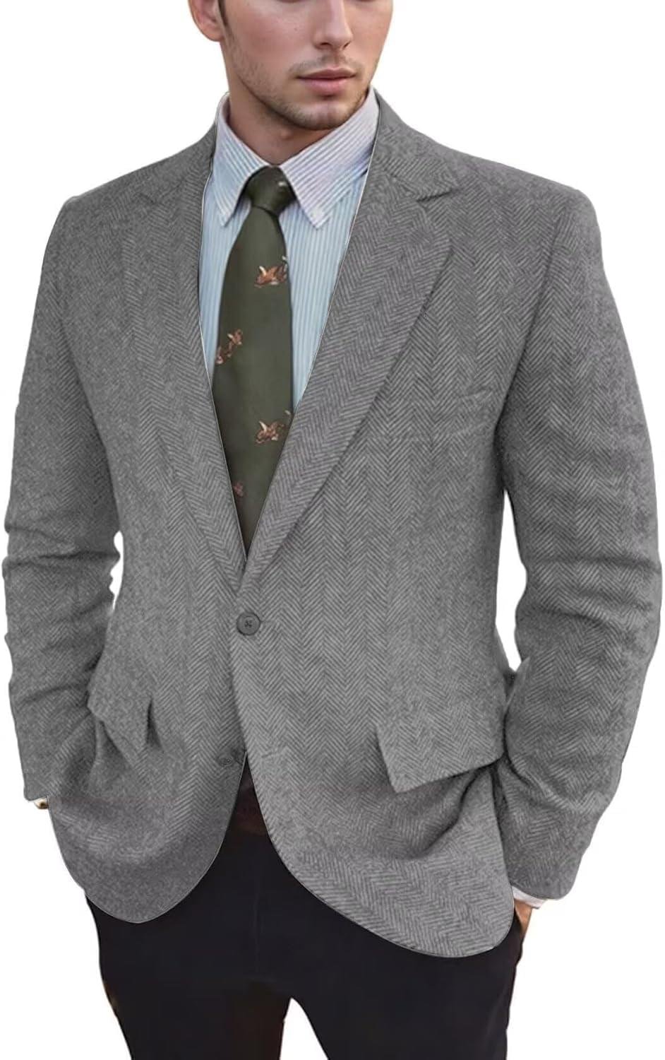 Vintage Mens Tweed Blazer Retro Wool Blend Suit Jackets Herringbone Two Button Sport Coat Prom Business Casual Wedding