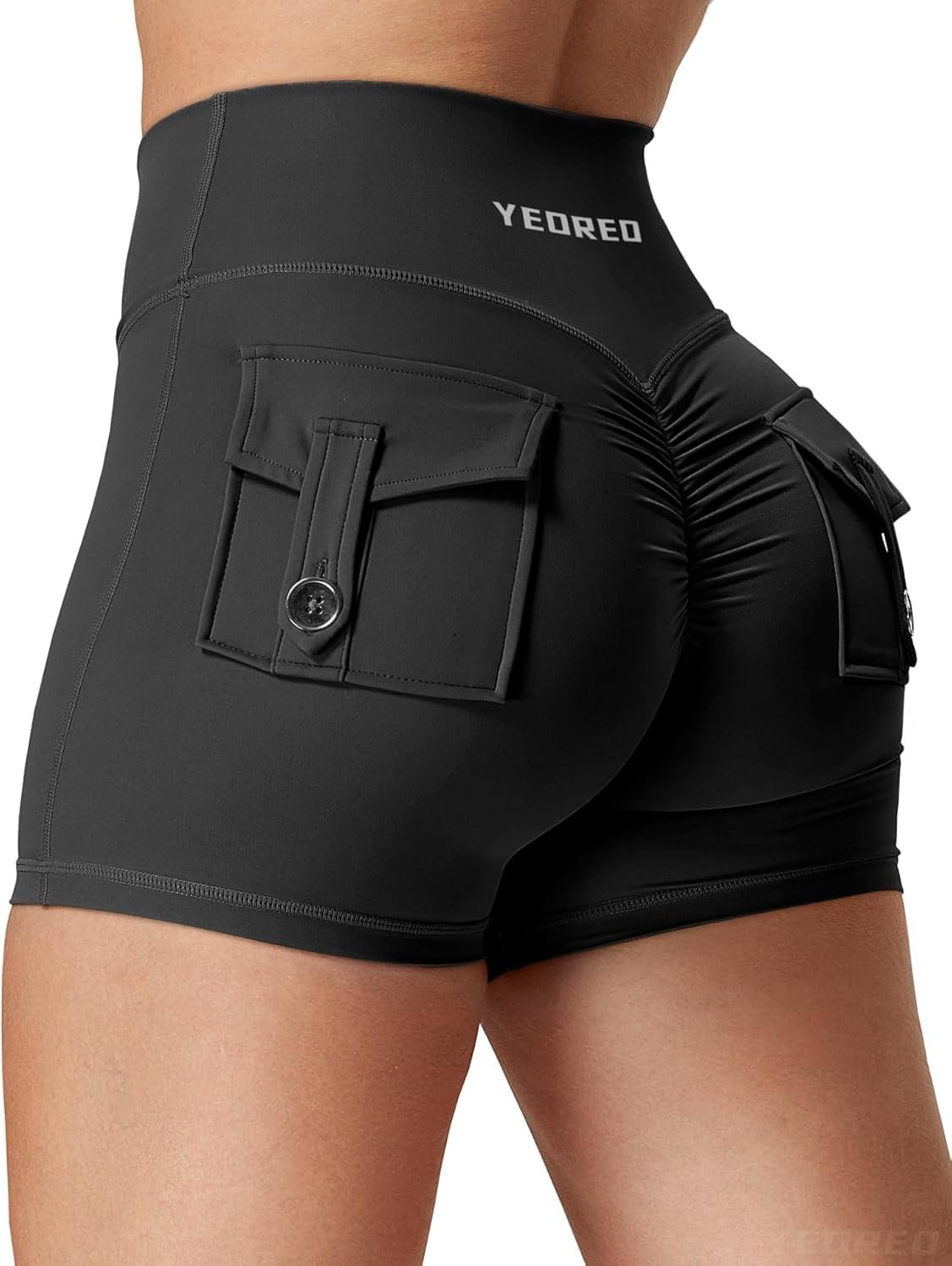 YEOREO CoreFlex Scrunch Workout Shorts with Pockets Charm Gym Biker Shorts for Women High Waisted Booty Yoga