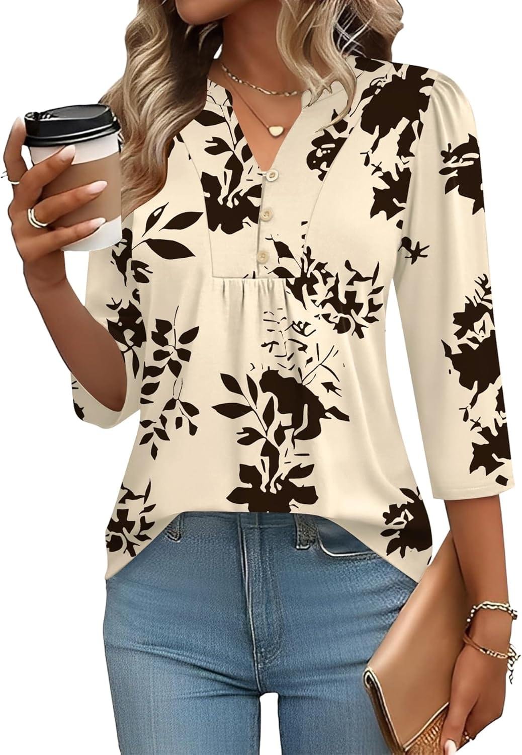 IECCP 3/4 Length Sleeve Womens Tops Dressy Casual Henley V-Neck Summer Tops Pleated T-Shirts Loose Fit Work Blouses