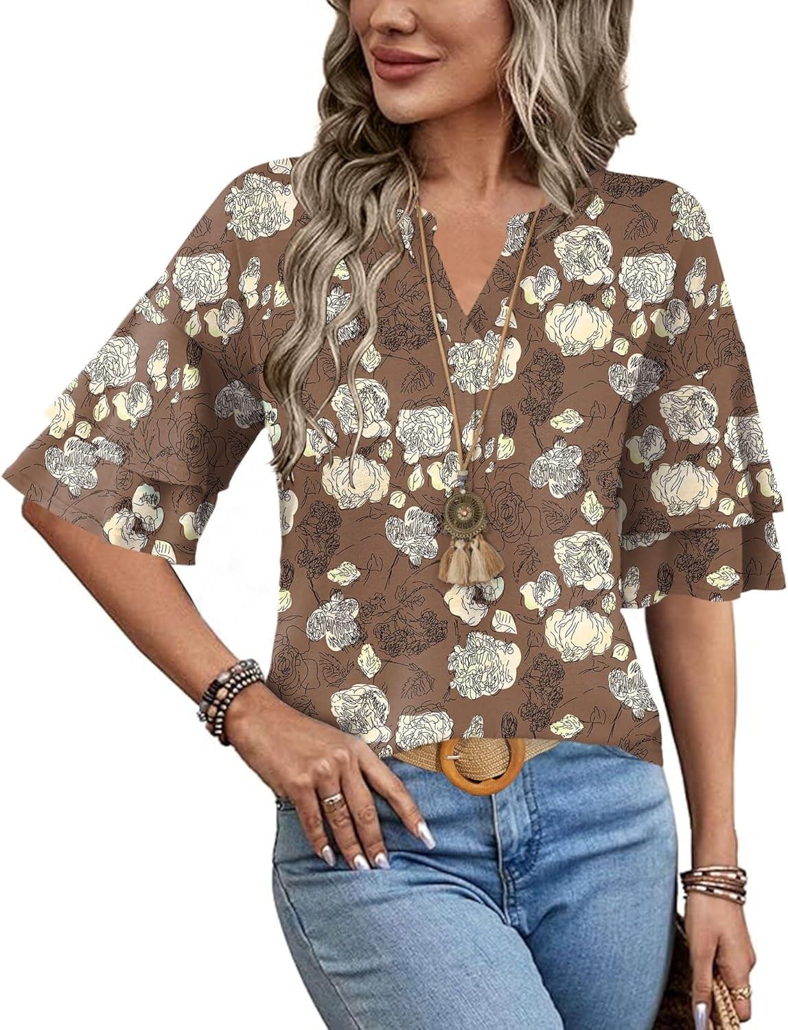 LOMON Womens Tops Ruffle Short Sleeve Blouses Fashion V Neck T Shirts Dressy Casual 3/4 Bell Sleeve Tee Spring Summer Clothes