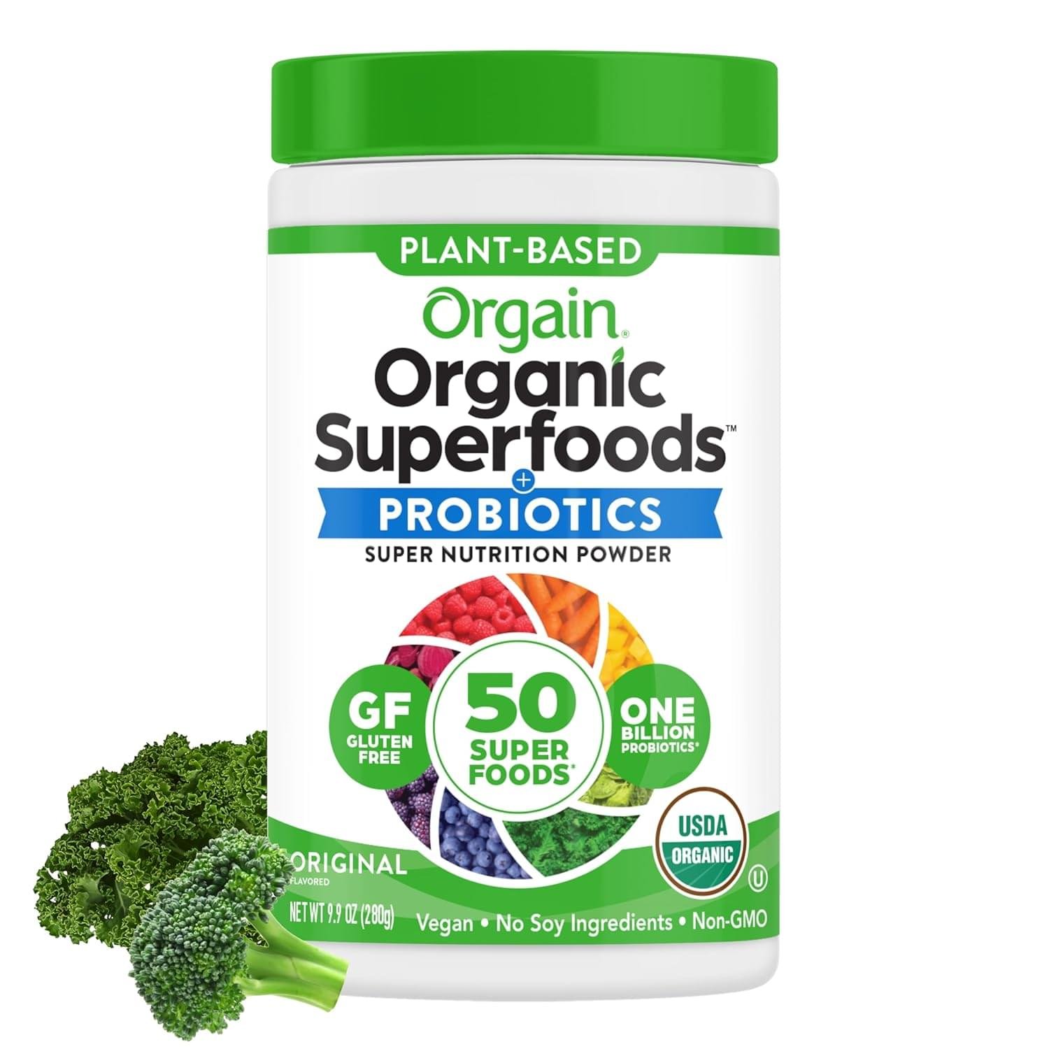 Orgain Organic Greens Powder + 50 Superfoods, Original – 1 Billion Probiotics for Digestive Health, Antioxidants, Vegan, Plant-Based, Gluten-Free, Non-GMO, Green Juice & Smoothie Drink Mix – 0.62lb