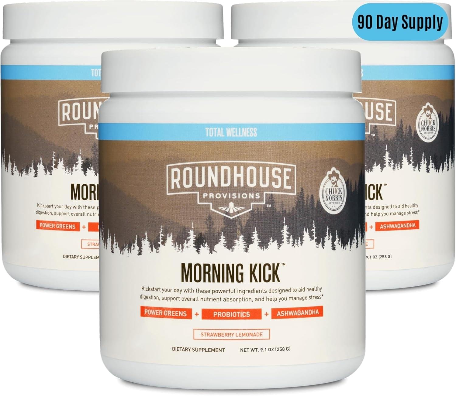 ROUNDHOUSE PROVISION Morning Kick, Greens Superfood Powder Supplement with Ashwagandha, Collagen & Probiotics – Sugar Free, Caffeine Free (3 Pack, Strawberry Lemonade Flavor) by Chuck Norris