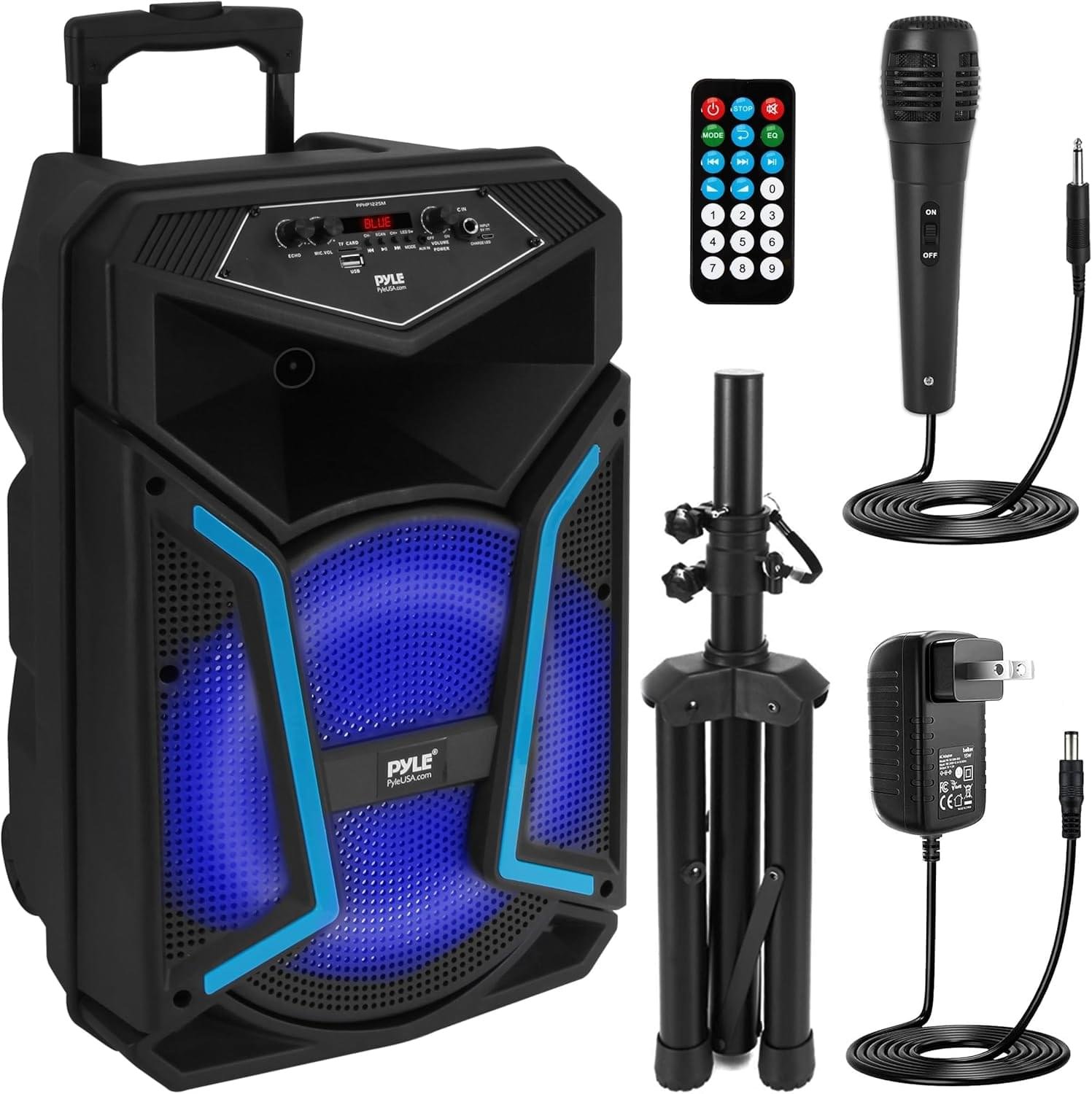 Pyle Portable Bluetooth PA Speaker System – 800W Outdoor Bluetooth Speaker Portable PA System w/ Microphone In, Party Lights, MP3/USB, FM Radio, Rolling Wheels – Mic, Remote – Pyle PPHP122SM,Black