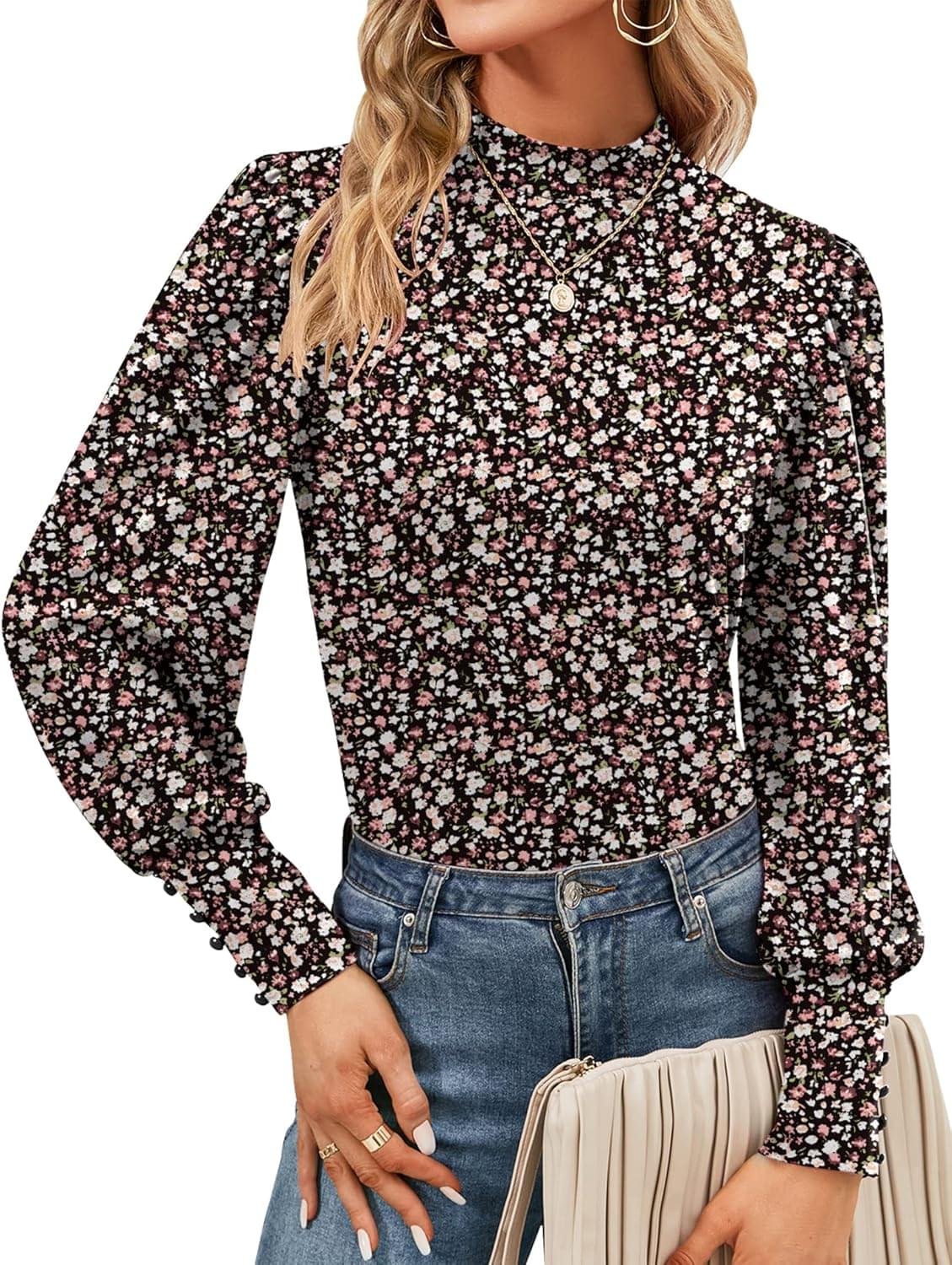 Qirno Womens Mock Neck Puff Long Sleeve Tops Casual Loose Solid Basic T Shirt Button Cuffs Pullovers Shirts Blouse