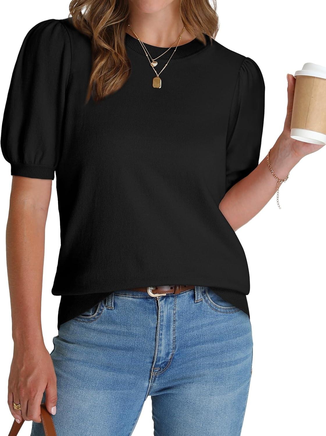 WIHOLL Women’s Puff Short Sleeve Sweater 2025 Spring Summer Tops Trendy Business Causal Outfits Work Blouses Clothes