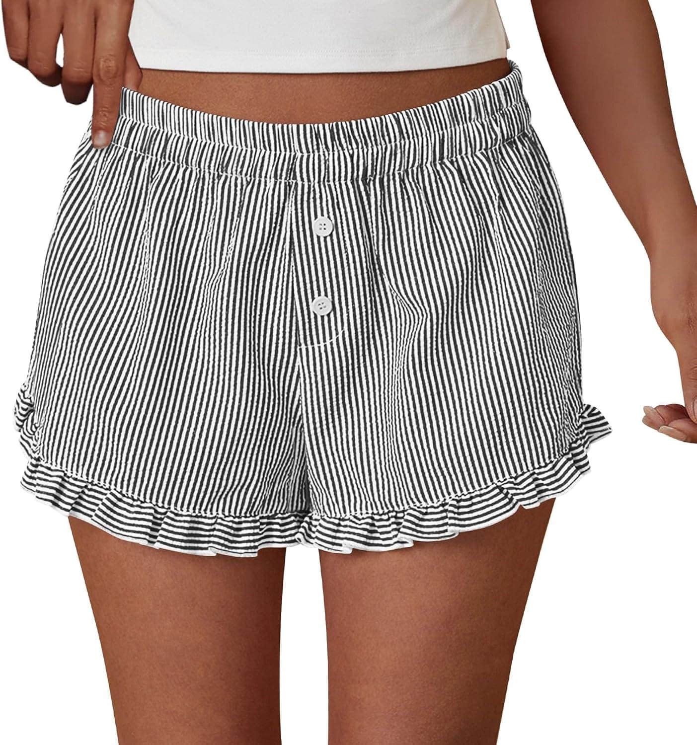 PRETTYGARDEN Womens Boxer Shorts Y2K Ruffle Pajama 2026 Summer Spring Lounge Sleep Striped Casual Beach Pj Bottoms Pockets