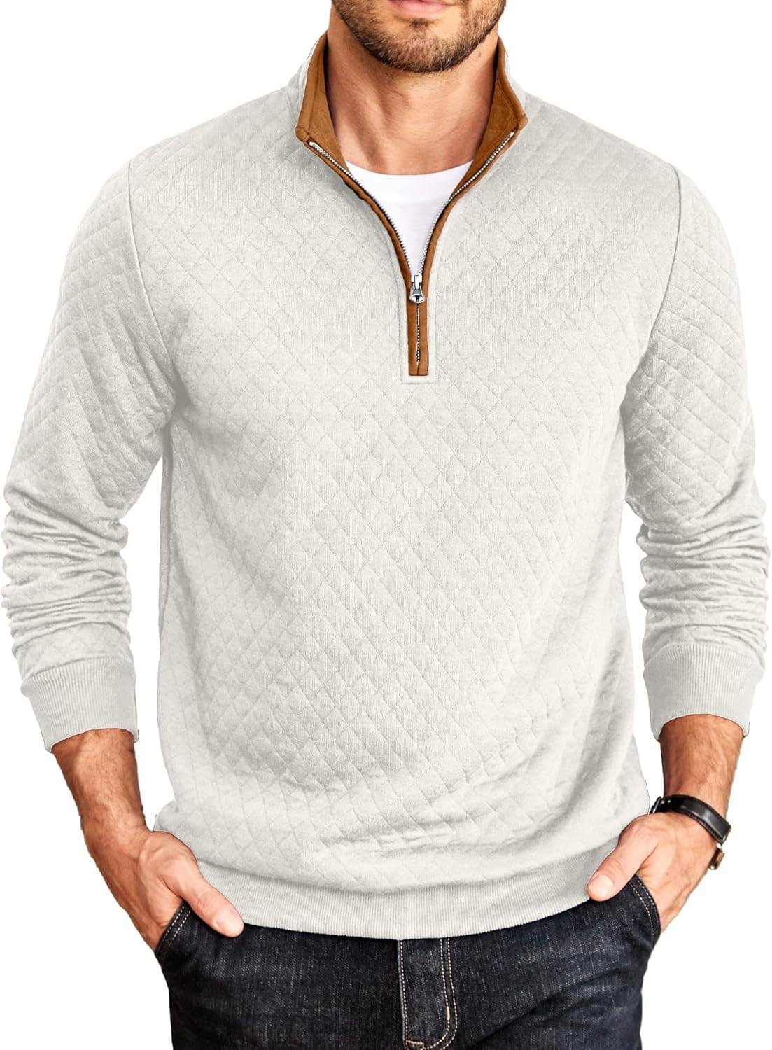 COOFANDY Mens Quarter Zip Pullover Mock Neck Quilted Sweatshirt Casual Long Sleeve Polo Sweater