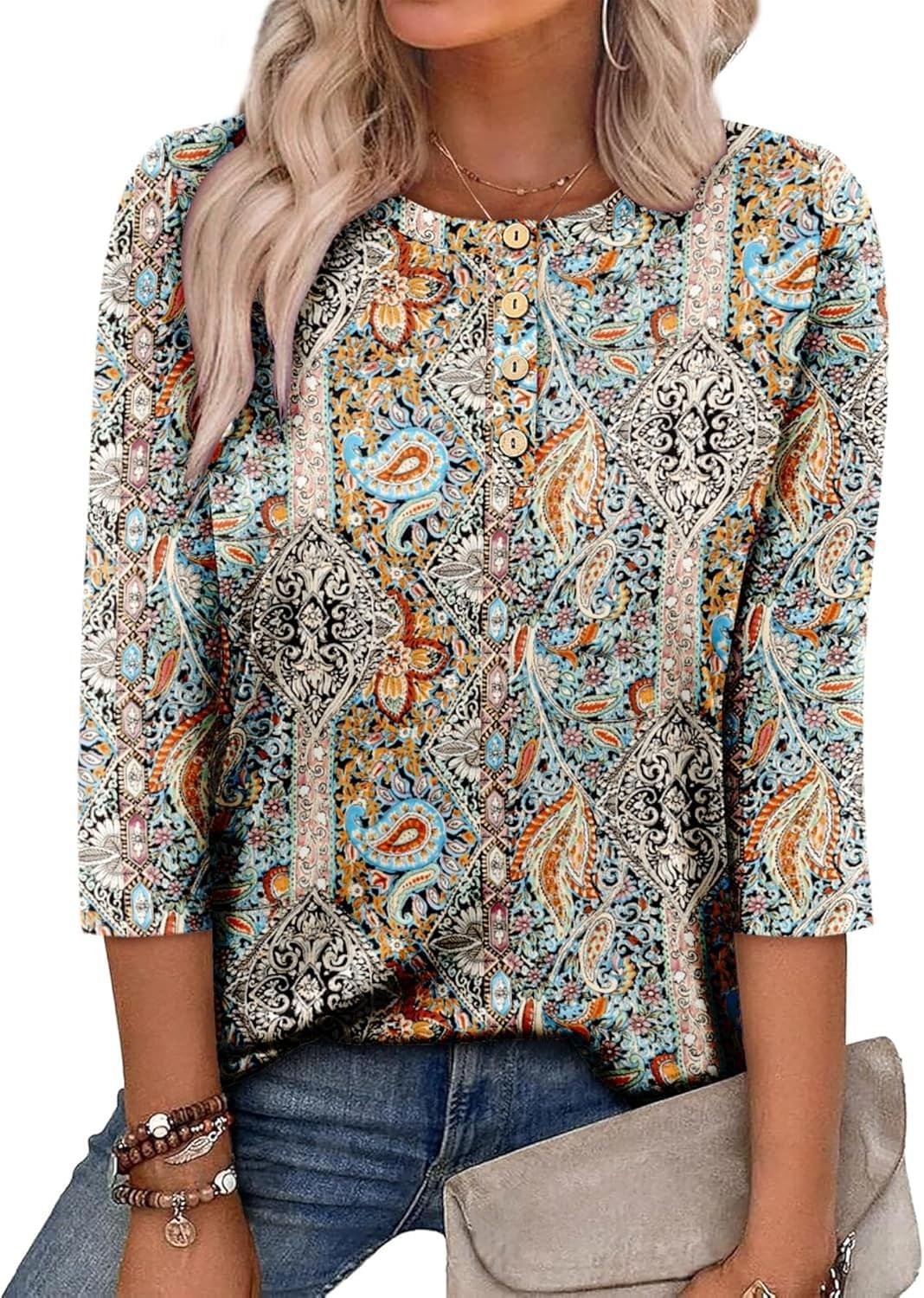 CRAZY GRID Womens Fashion 3/4 Sleeves Tops Fall Crew Neckline Loose Fitting Type Button Down Business Work T Shirts