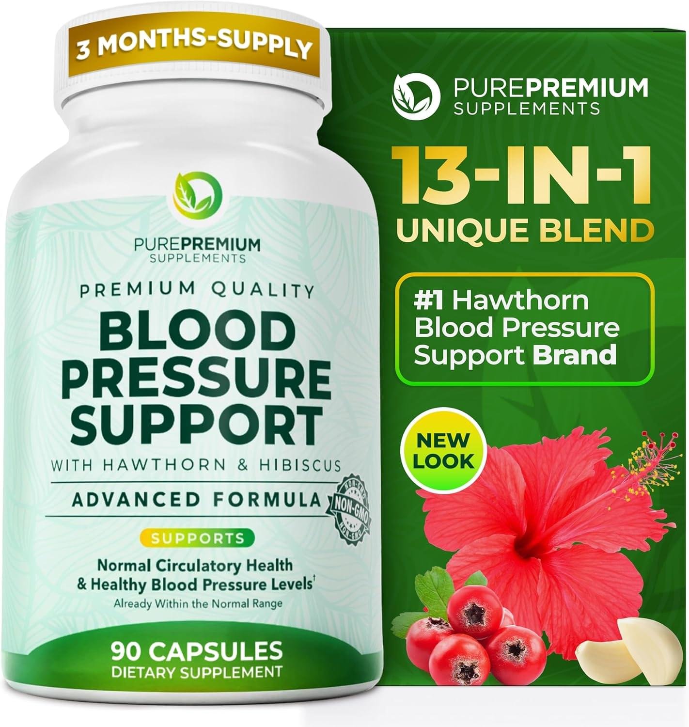 PurePremium Blood Pressure Supplements with Hawthorn Berry, Hibiscus, Garlic & Vitamin B12- Nitric Oxide Supplement for Normal Heart Health, Circulation Health & Blood Pressure Support – 90ct