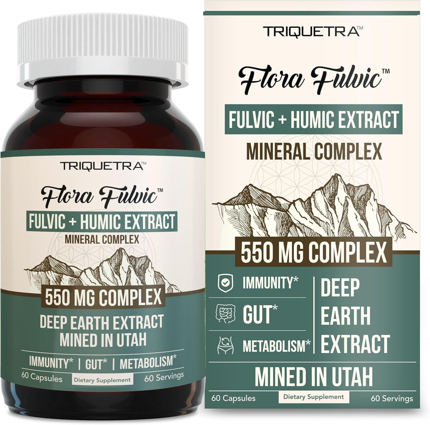 Flora Fulvic | Fulvic Acid + Humic Acid Complex – 550 mg |Mined in Utah, Prehistoric Deep Earth Extract | Immunity, Gut, Digestion – Natural Trace Mineral Complex, Fulvic Acid Supplement – 60 Capsules