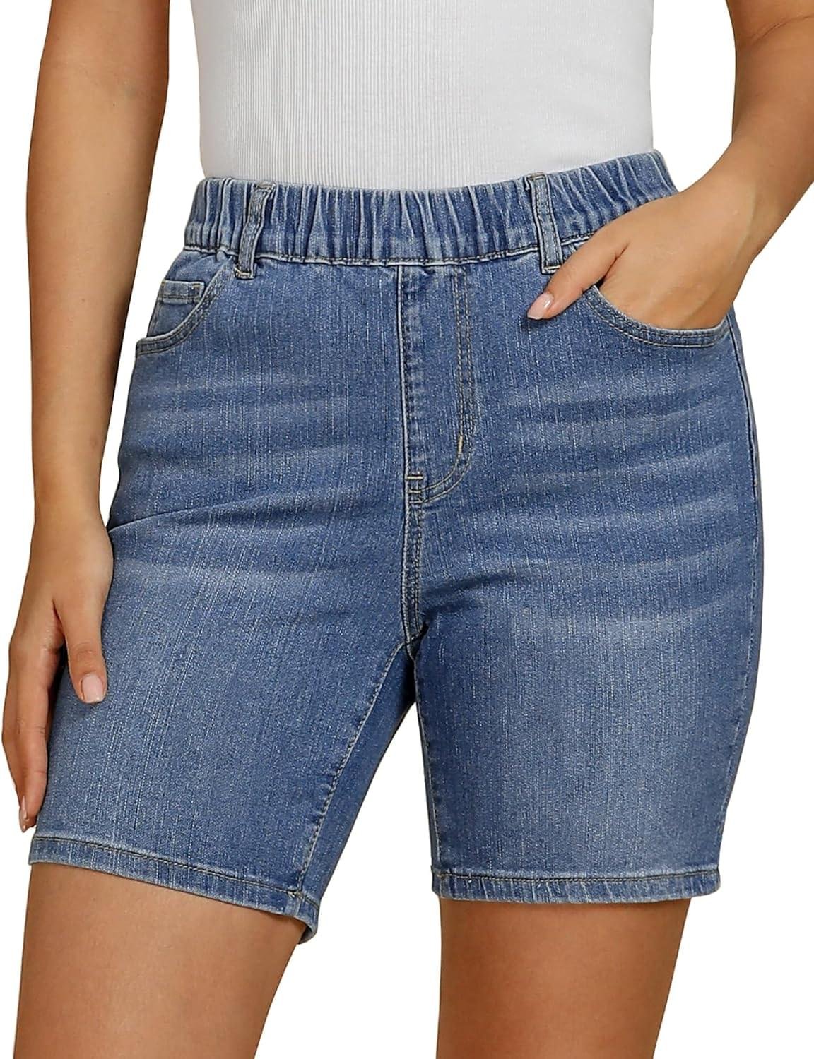 Vetinee Jean Shorts for Women Pull On Elastic Waist Mid Rise Trendy Summer Jorts Stretch Long Denim Shorts 7 Inch Inseam