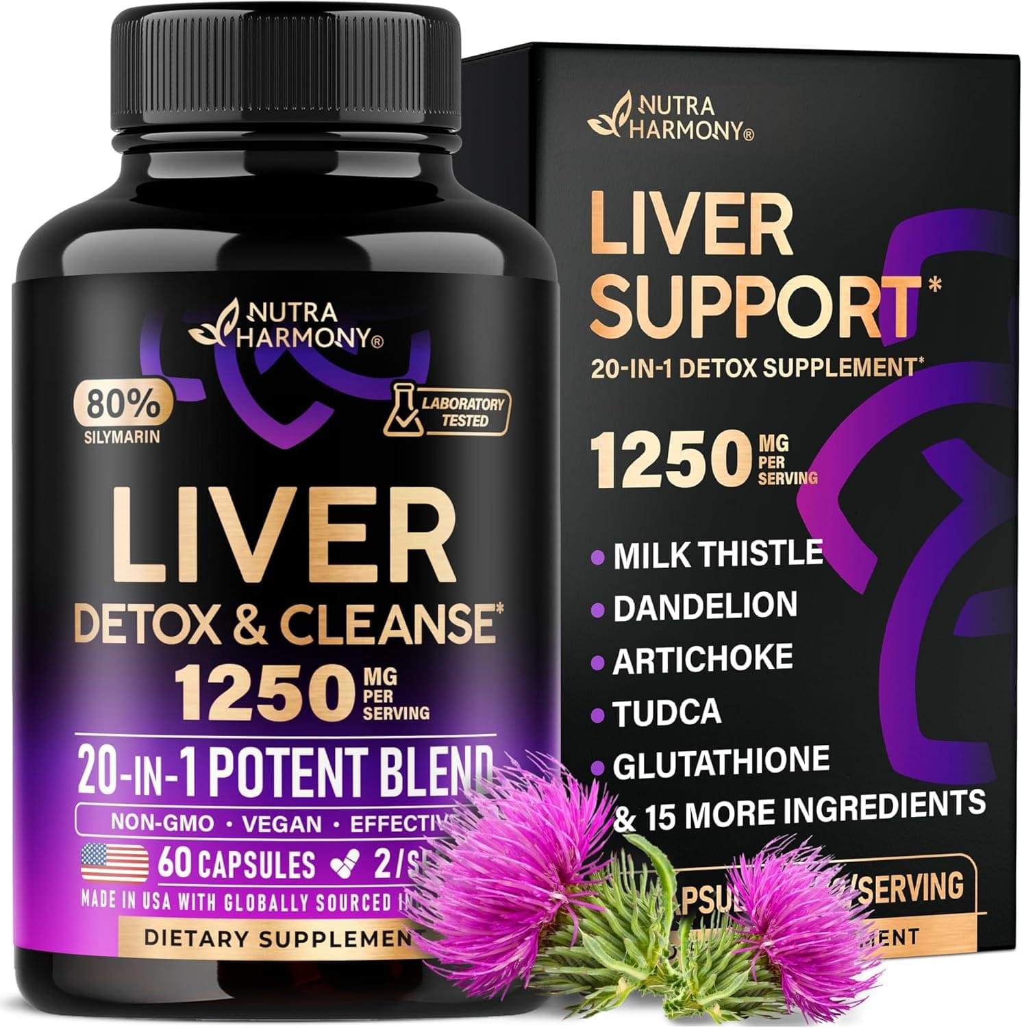 Liver Cleanse Detox & Repair – Milk Thistle | Dandelion | Artichoke | TUDCA | Glutathione & NAC – Effective Liver Health Supplement | 80% Silymarin – Laboratory Tested, Vegan – Made in USA 60 Capsules