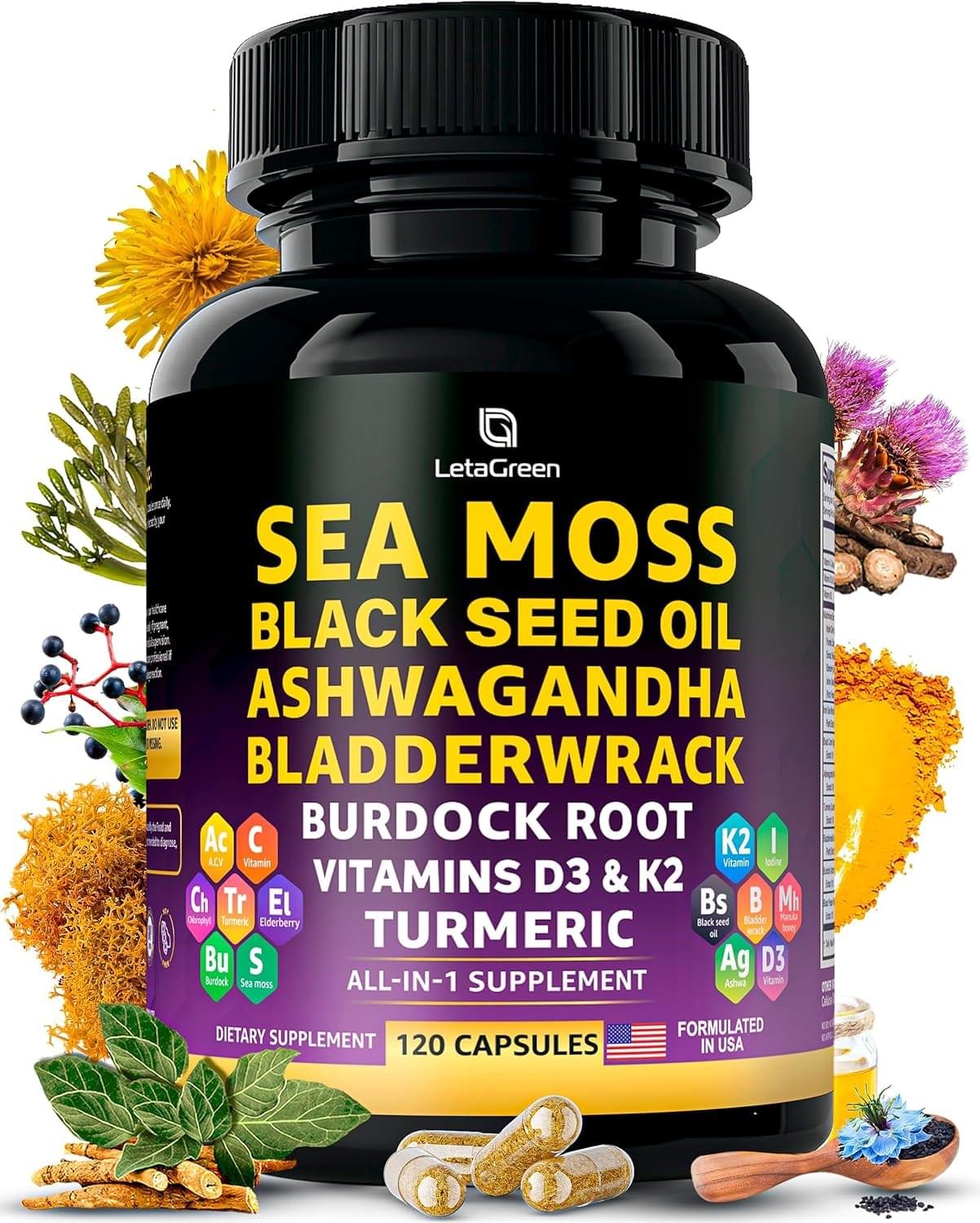 LetaGreen Sea Moss Capsules – 17-in-1 Blend with Black Seed Oil Ashwagandha Bladderwrack Burdock Root Turmeric Vitamin D3 K2 C for Daily Wellness – Multimineral Supplement for Men & Women – 120 Count